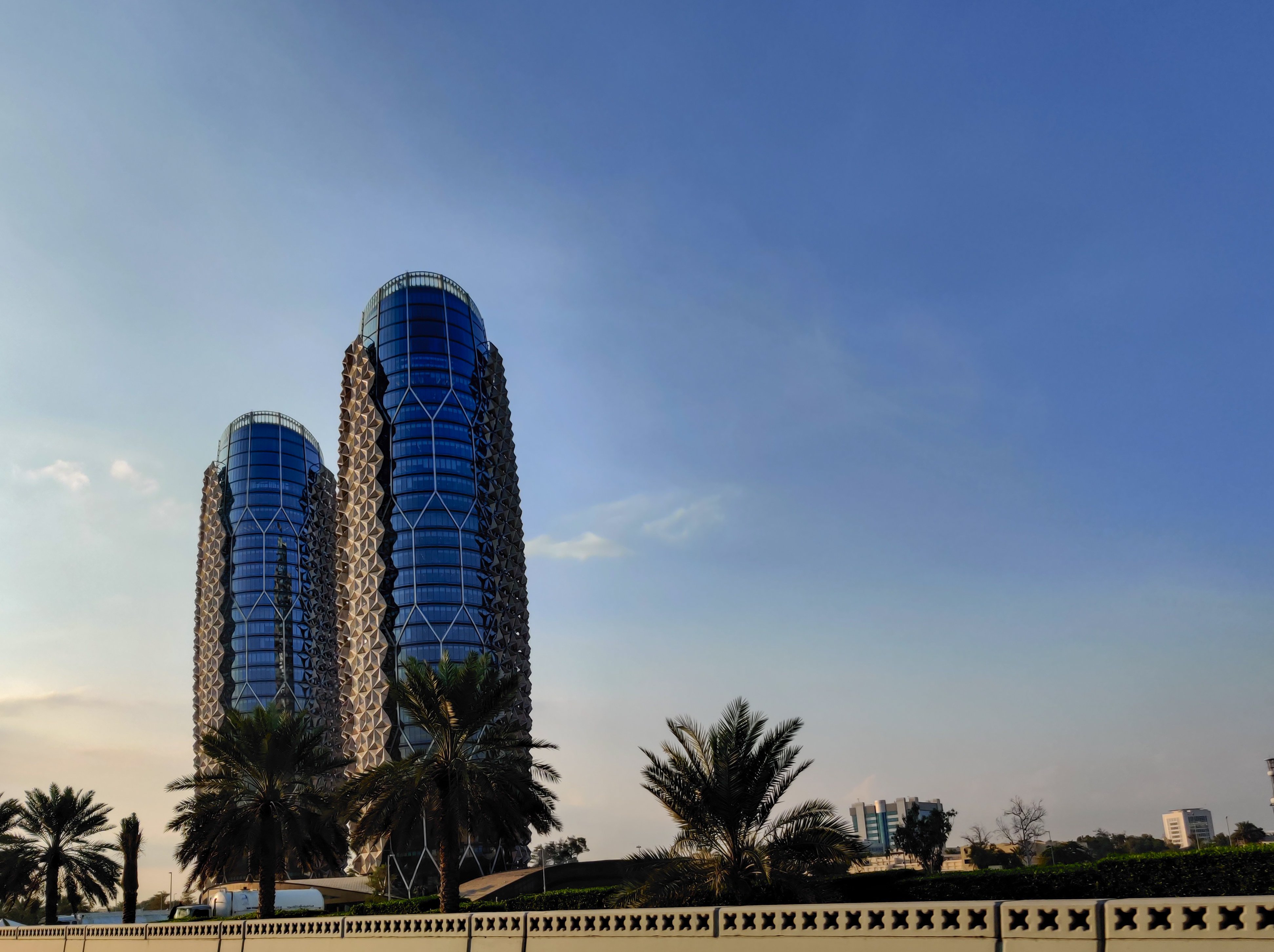 Beautiful high rise Al Bahar Towers towering over the Abu Dhabi skyline