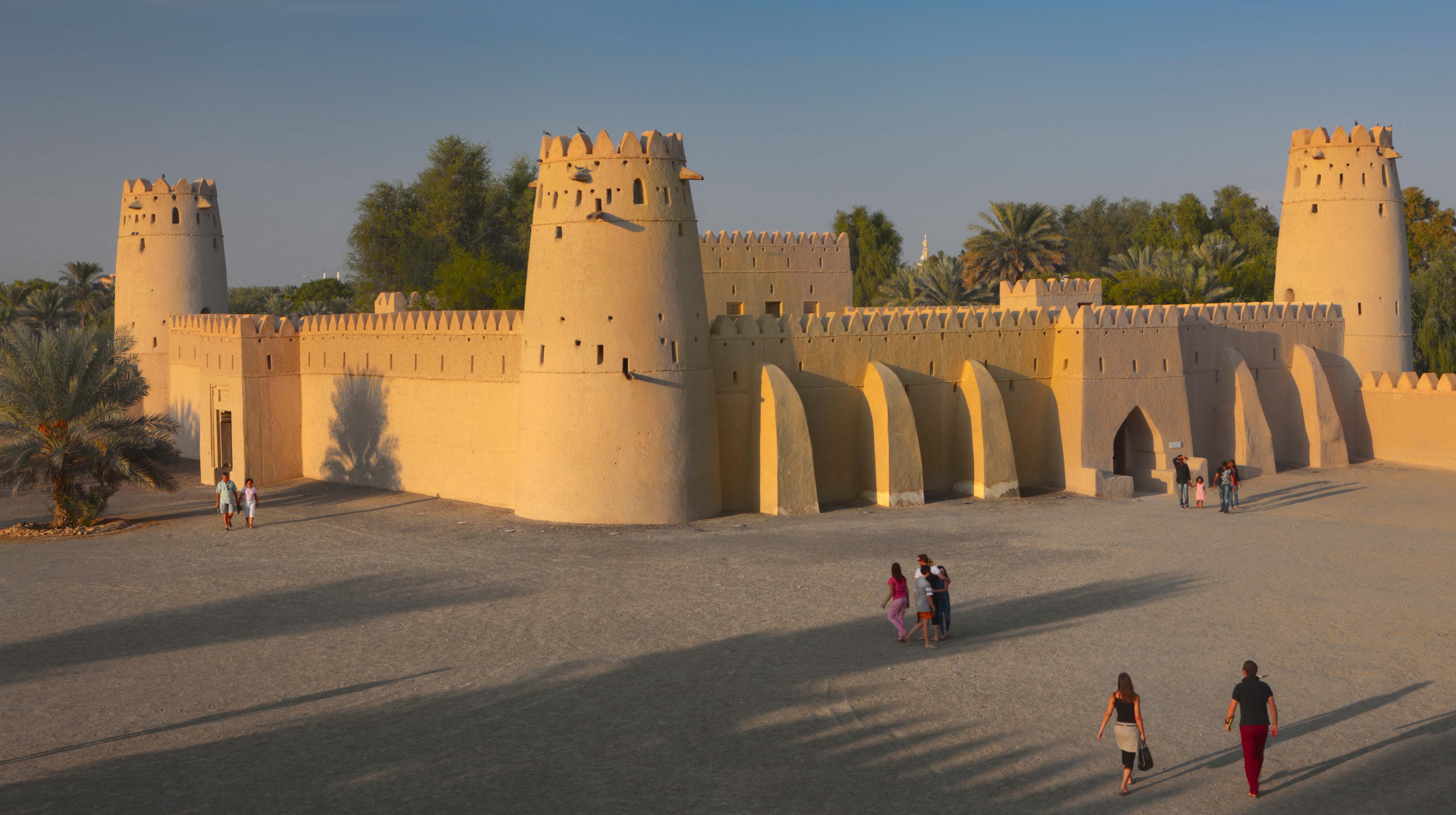 Bird's eye view of families and couples exiting and entering Al Jahili Fort