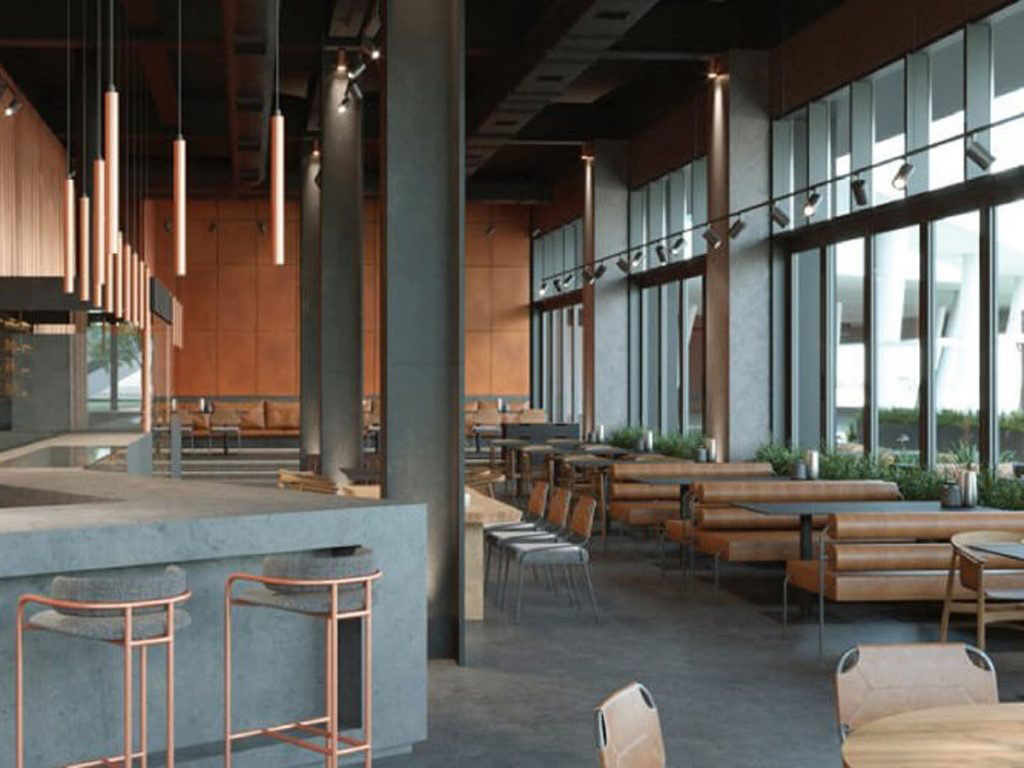 Ampia sala ristorante dal design moderno al ristorante Tazar di Abu Dhabi