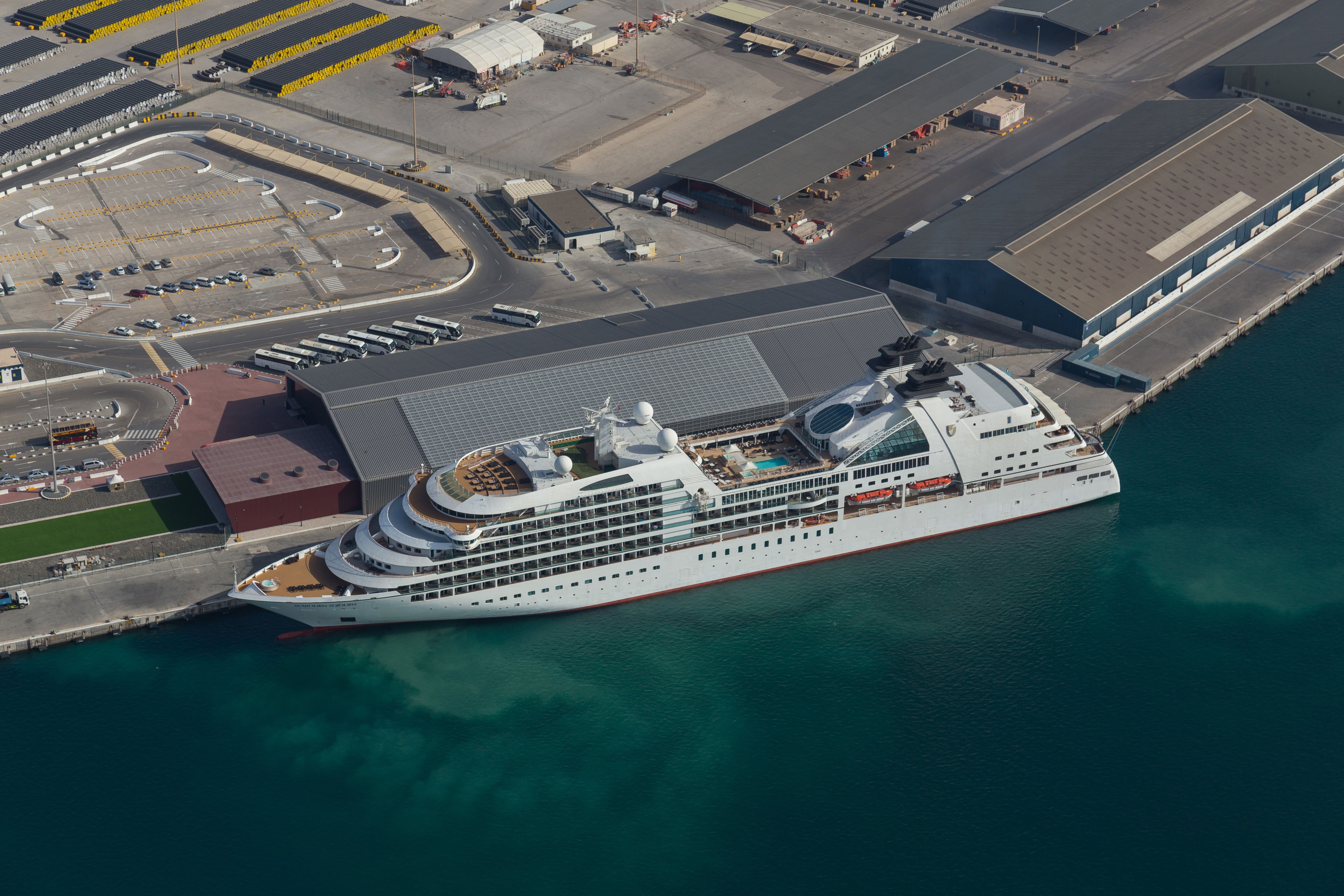 Bird's eye view of a cruise ship docked in Abu Dhabi