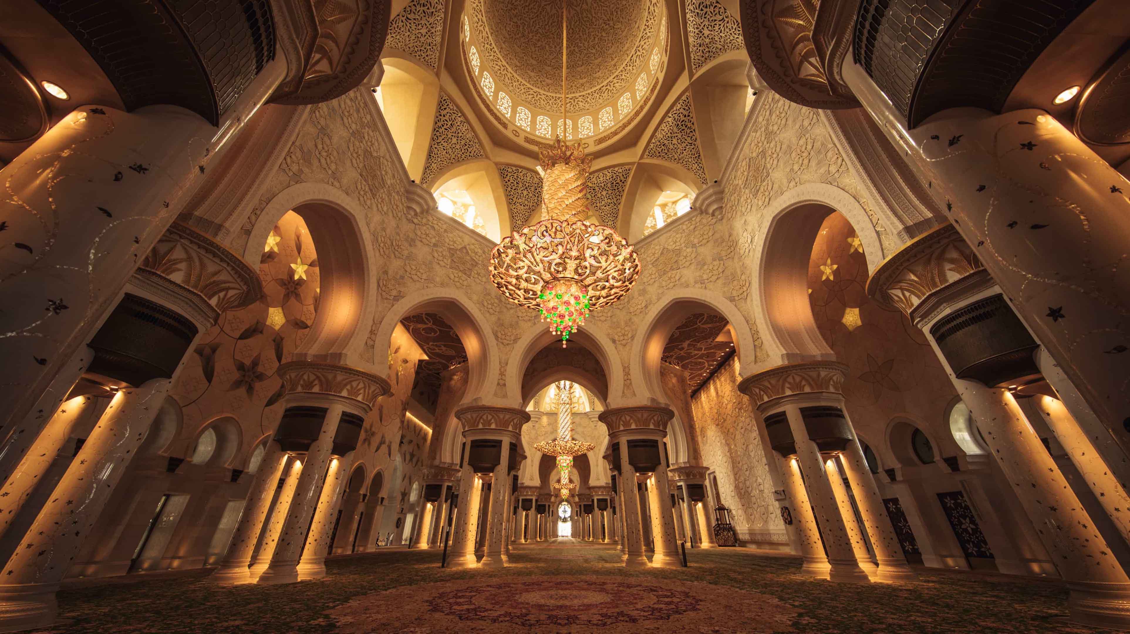 Sheikh Zayed Grand Mosque interior domes lit up
