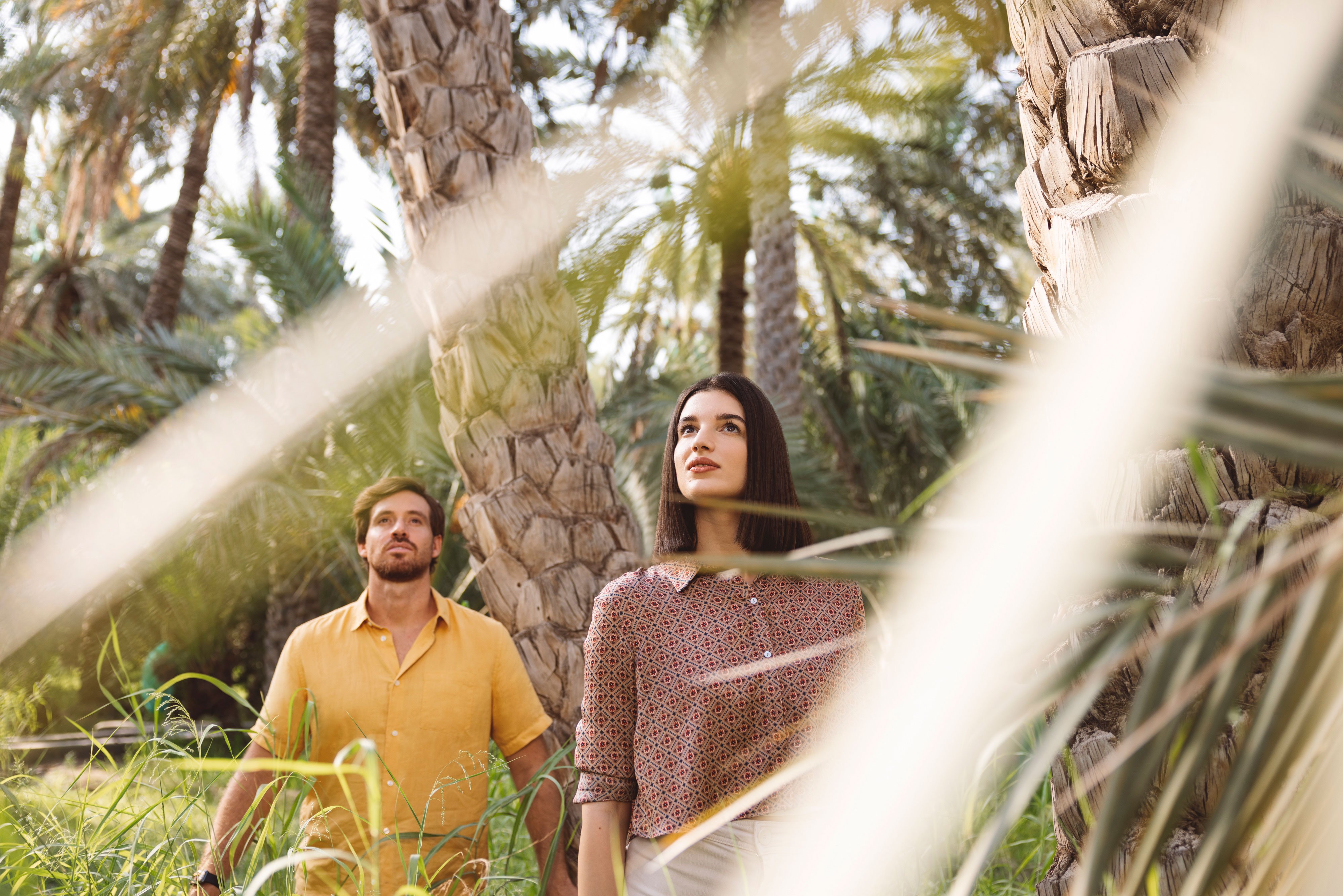 Western couple marveling at the sky while walking through the green lush Al Ain Oasis